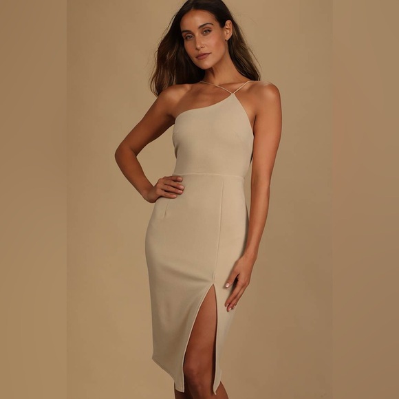 Lulus Dresses & Skirts - Lulus | Happiest Hour Beige Asymmetrical Bodycon Midi Dress | Size Medium